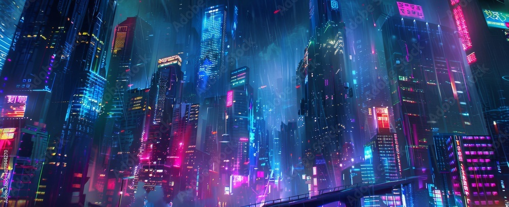 Cityscape with cyberpunk atmosphere. Neon lights. Sci Fi city background. Stock image. Cityscape with cyberpunk atmosphere. Neon lights. Sci Fi city background. Stock image.