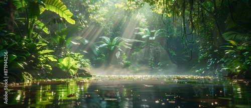 Jungle pond illuminated by sunlight filtering through dense foliage, rich greenery, serene reflections, mystical and tranquil atmosphere
