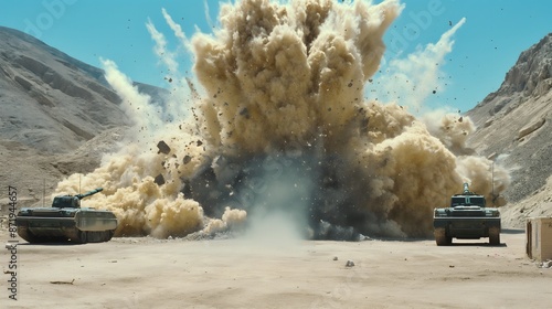 Tanks flanking massive controlled explosion in desert terrain photo