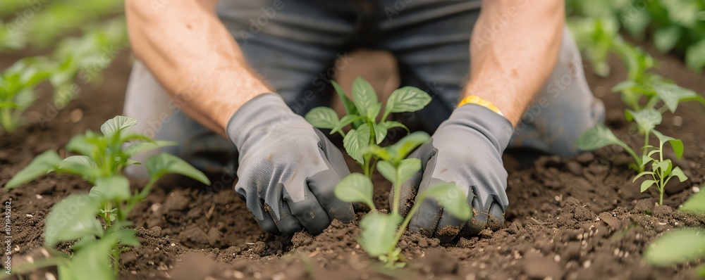 Naklejka premium Closeup of hands planting a seedling in soil.