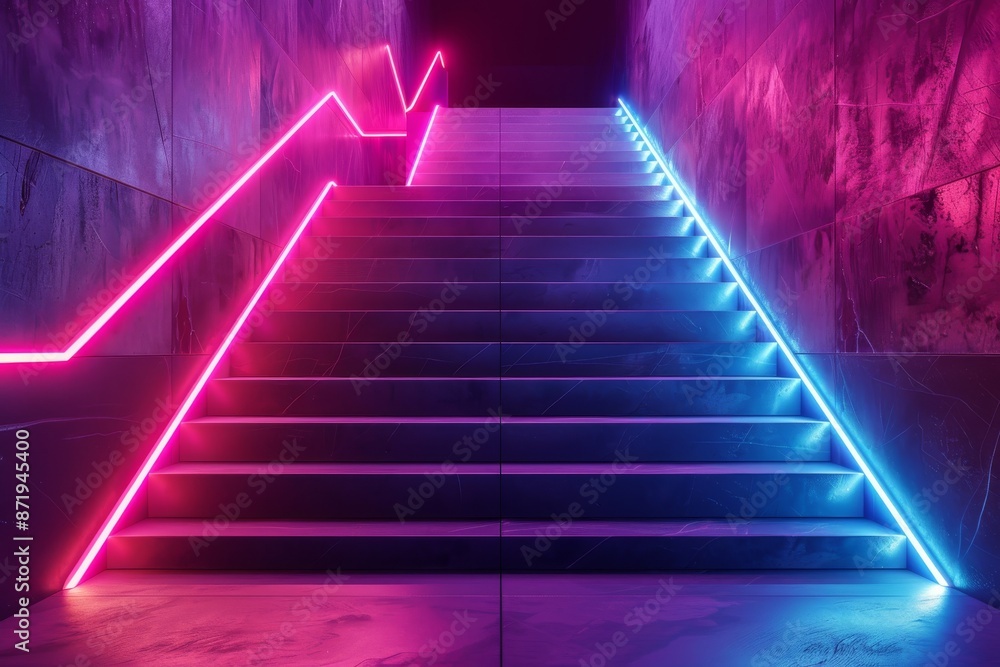 A 3D render depicts an abstract blue neon background, glowing vertical ...