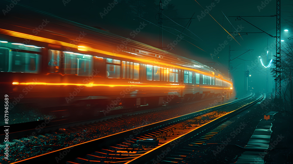 Naklejka premium a train moving at night, with light trail