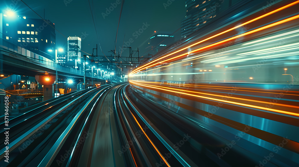 a train moving at night, with light trail a train moving at night, with light trail