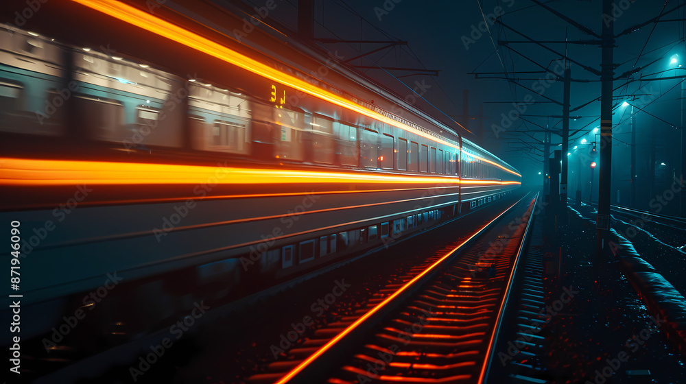 a train moving at night, with light trail a train moving at night, with light trail