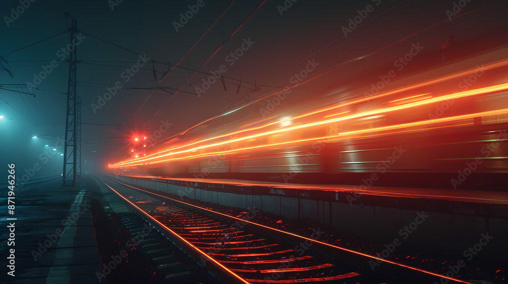 a train moving at night, with light trail a train moving at night, with light trail