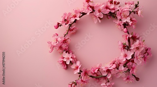 A pink wreath of cherry blossoms on a pink background in a flat lay top view style. This stock photo is award winning copy space. © horizon