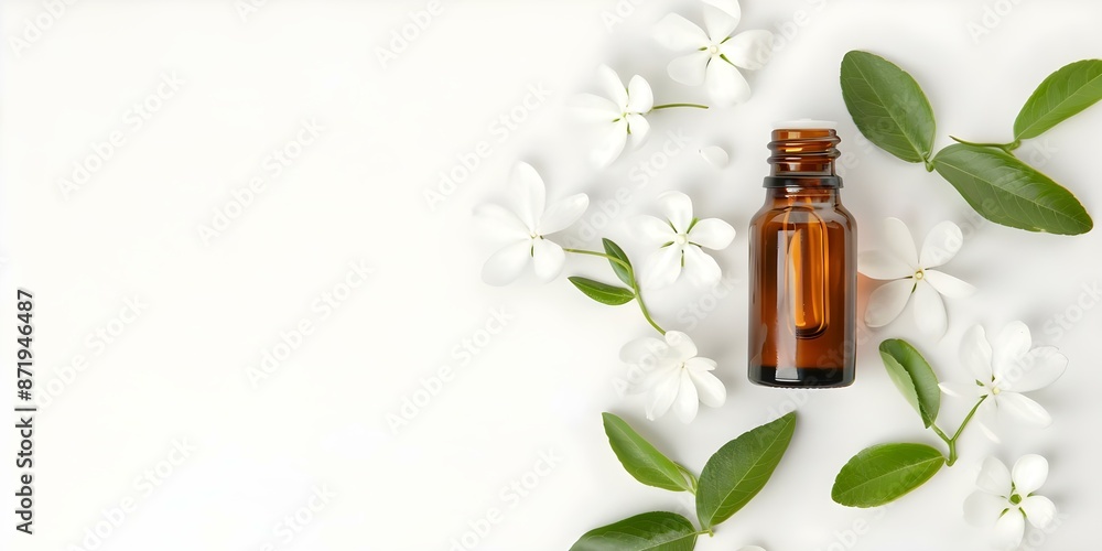Overhead shot of a small brown bottle containing Neroli Essential Oil. Concept Neroli Essential Oil, Brown Bottle, Overhead Shot, Aromatherapy, Natural Skincare Overhead shot of a small brown bottle containing Neroli Essential Oil. Concept Neroli Essential Oil, Brown Bottle, Overhead Shot, Aromatherapy, Natural Skincare