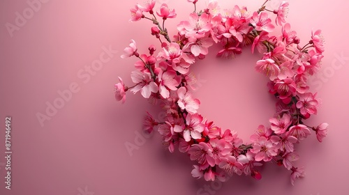 A pink wreath of cherry blossoms on a pink background in a flat lay top view style. This stock photo is award winning copy space.