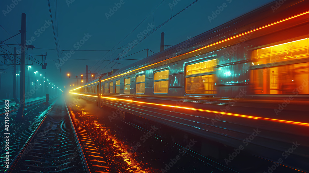 a train moving at night, with light trail a train moving at night, with light trail