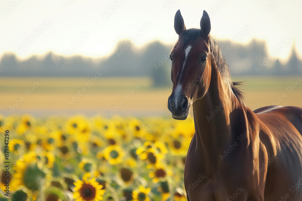 Obraz premium A horse standing in a field of sunflowers with a blurred background of trees and a sunny sky