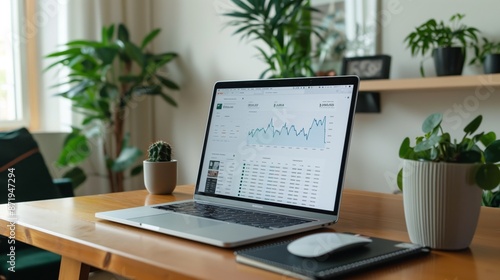 Wallpaper Mural A close-up view of a laptop displaying a data analysis chart on a desk in a home office setting. Surrounding the laptop are potted plants and other office supplies. Torontodigital.ca