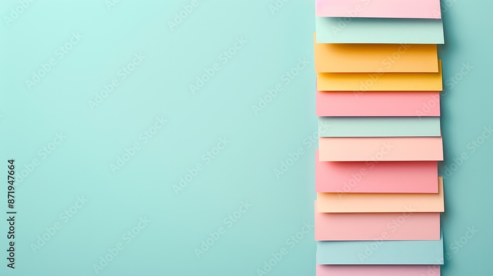 Colorful sticky notes arranged in vertical stack on pastel blue background. Organized reminders and office supplies concept. Colorful sticky notes arranged in vertical stack on pastel blue background. Organized reminders and office supplies concept.
