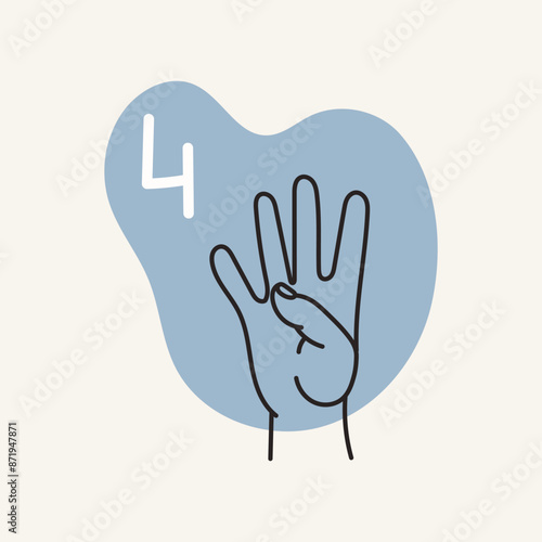 Gestures for the deaf, number 4. English fingerspelling. Hand drawn vector ilustranion. 