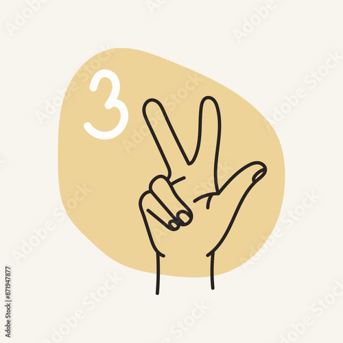 Gestures for the deaf, number 3. English fingerspelling. Hand drawn vector ilustranion. 
