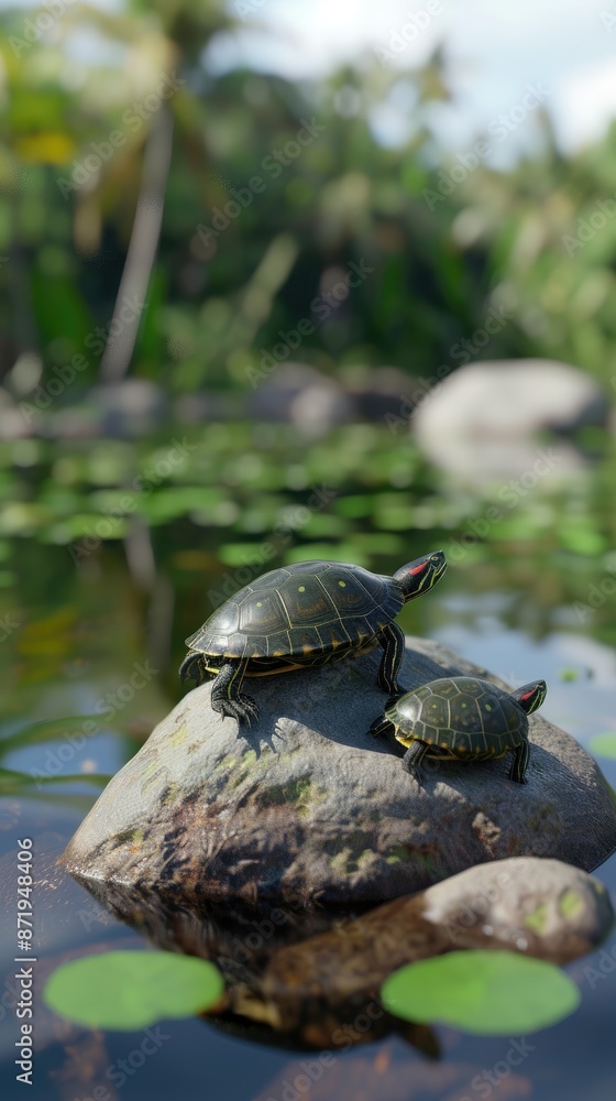 Fototapeta premium Two red-eared sliders are resting on a rock in a pond, with lily pads visible in the background.