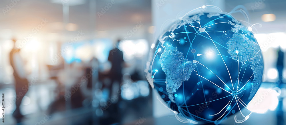 A Background of Digital Globe with Interconnected Lines in a Modern Office Setting Representing Global Connectivity with a blurred office in the backdrop A Background of Digital Globe with Interconnected Lines in a Modern Office Setting Representing Global Connectivity with a blurred office in the backdrop
