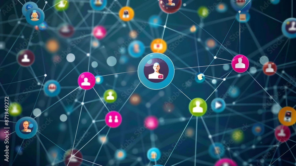 An abstract illustration showing colorful icons of people connected by lines in a web-like formation. The background is dark blue. An abstract illustration showing colorful icons of people connected by lines in a web-like formation. The background is dark blue.