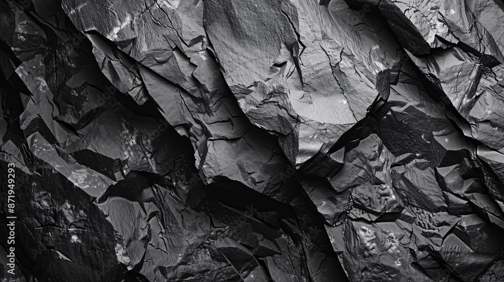 Detailed view of dark, jagged rock formations with highlights and shadows creating a dramatic natural pattern Detailed view of dark, jagged rock formations with highlights and shadows creating a dramatic natural pattern
