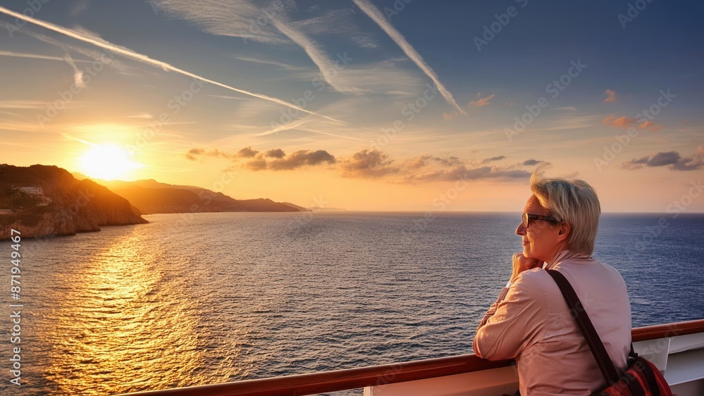 Fototapeta premium Middle-aged Woman watching the Mediterranean Sea from the ferry to Corse at sunset.