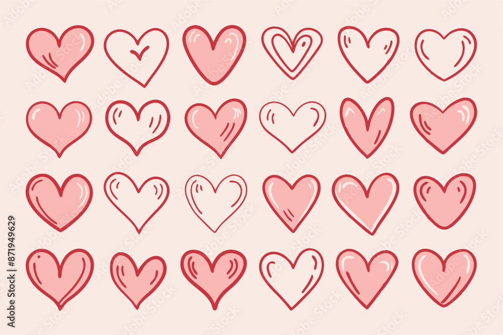 A collection of handdrawn pink hearts displayed against a pink backdrop A collection of handdrawn pink hearts displayed against a pink backdrop