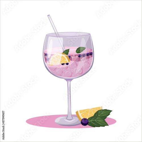 Summer cocktail. Refreshing drink with lemons, blueberries and mint in a glass. Beach holidays, summer vacation, party, cafe-bar. Isolated vector illustration