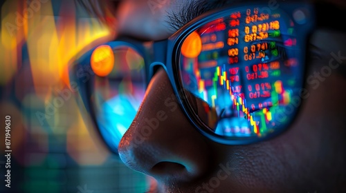 A close-up of a trader's hands typing on a keyboard, with stock charts and financial news reflected in their glasses. © Anditya