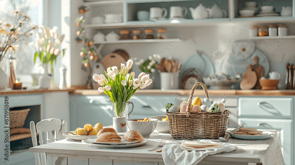 Cozy kitchen set for Easter brunch with pastel eggs and flowers Cozy kitchen set for Easter brunch with pastel eggs and flowers