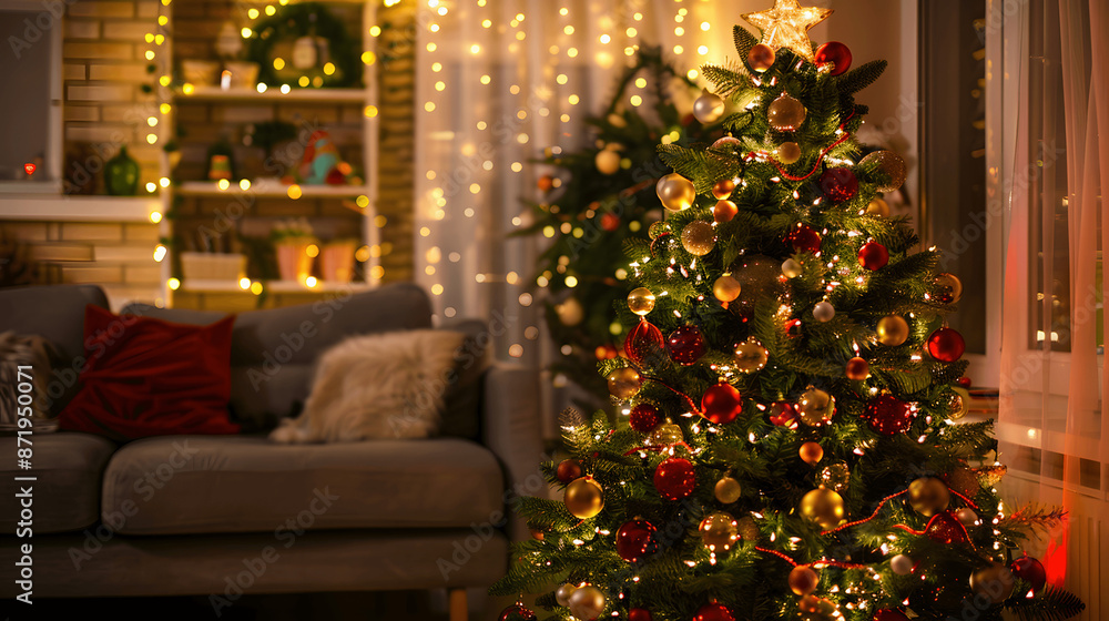 Elegant Christmas tree with gold and red ornaments in living room Elegant Christmas tree with gold and red ornaments in living room