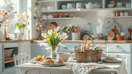 Wallpaper Mural Cozy kitchen set for Easter brunch with pastel eggs and flowers Torontodigital.ca