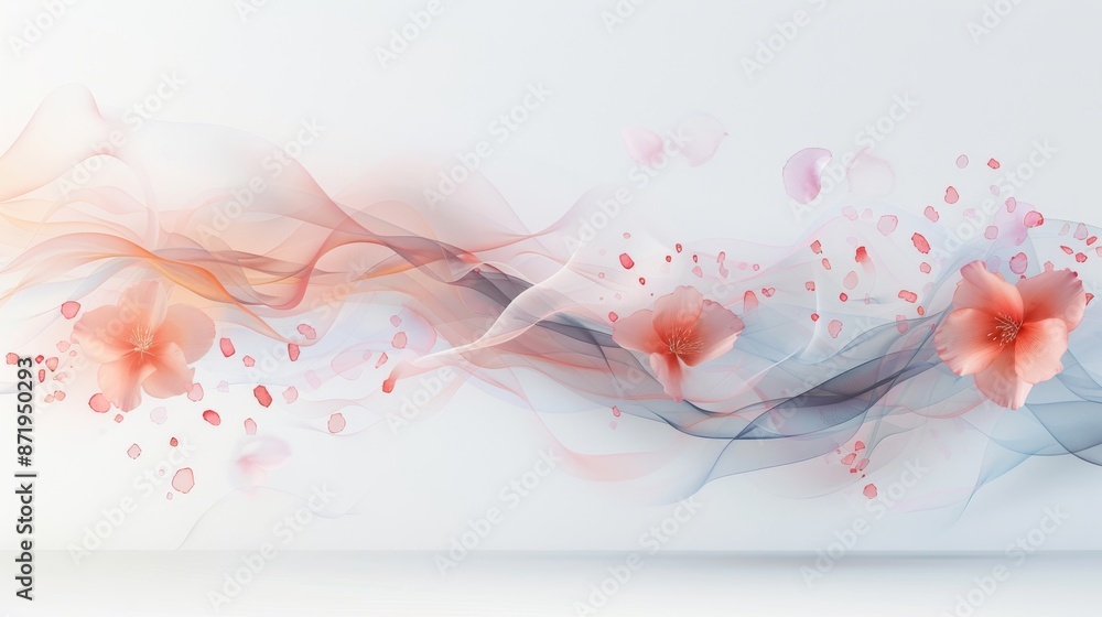 Elegant abstract floral design with soft flowing lines and delicate flowers in shades of pink and orange on a white background. Elegant abstract floral design with soft flowing lines and delicate flowers in shades of pink and orange on a white background.