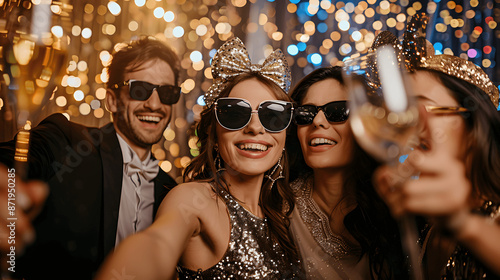 New Year's Eve photo booth with fun props and glittery backdrop
