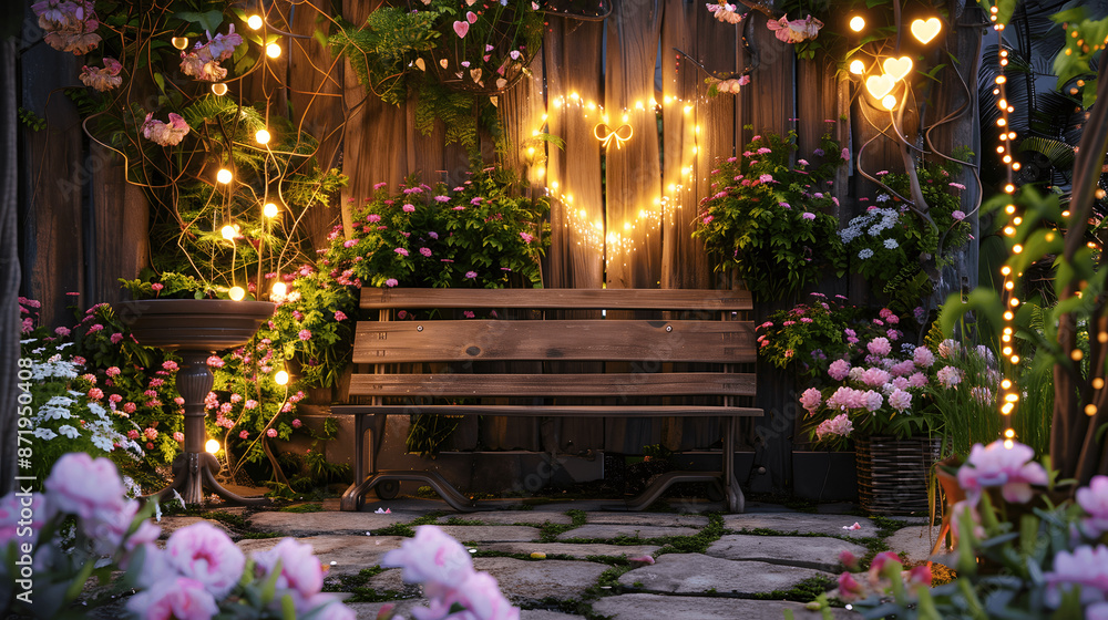 Serene garden with wooden bench and blooming flowers Serene garden with wooden bench and blooming flowers