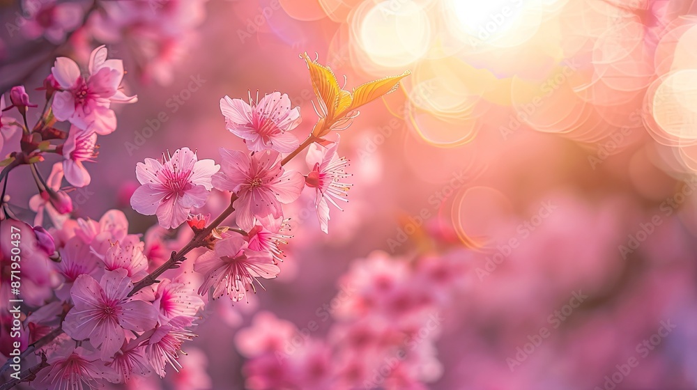 Cherry blossoms in full bloom against pink sky Cherry blossoms in full bloom against pink sky