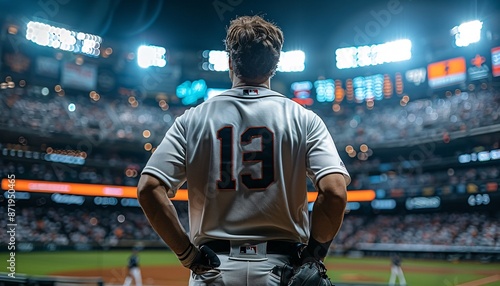Baseball player ready in stadium, wide banner with copyspace. © Faustudio