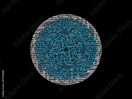 The black background in the picture has a circle in the middle which is blue with a dark pattern.There is a blue artwork pattern with a circle next to it being white with black lines.
