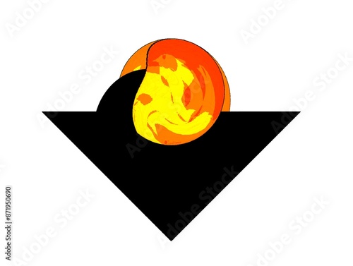The white background in the picture is a black triangle in the center of the picture, an orange circle with yellow and orange patterns in the circle, and a black line in the upper right corner.