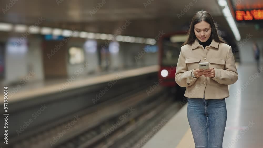 A young, focused woman texting on her smartphone while waiting for the train at a subway station. A young, focused woman texting on her smartphone while waiting for the train at a subway station.
