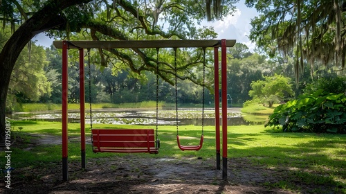 A vibrant red swing set amidst a lush green park  surrounded by towering oak trees and a carpet of emerald grass. ideal for children to engage in outdoor play.