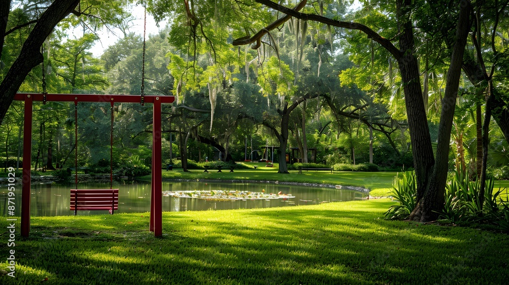 A vibrant red swing set amidst a lush green park, surrounded by towering oak trees and a carpet of emerald grass. ideal for children to engage in outdoor play. A vibrant red swing set amidst a lush green park, surrounded by towering oak trees and a carpet of emerald grass. ideal for children to engage in outdoor play.
