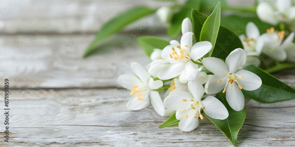 Neroli Essential Oil Flowers on Rustic Wood Background. Concept Aromatherapy, Essential Oils, Natural Remedies, Wellness, Home Decor Neroli Essential Oil Flowers on Rustic Wood Background. Concept Aromatherapy, Essential Oils, Natural Remedies, Wellness, Home Decor