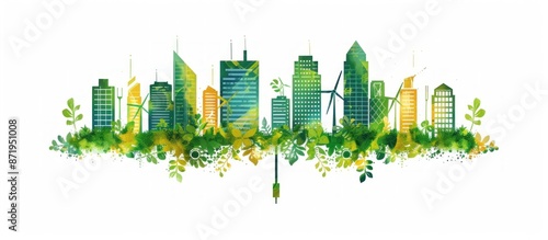 Green Cityscape with Wind Turbines and Greenery