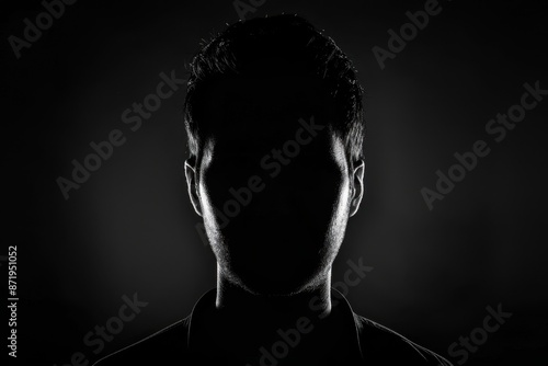 silhouette of man, head and shoulders only, on black background, facing camera, high contrast, low light Generative AI