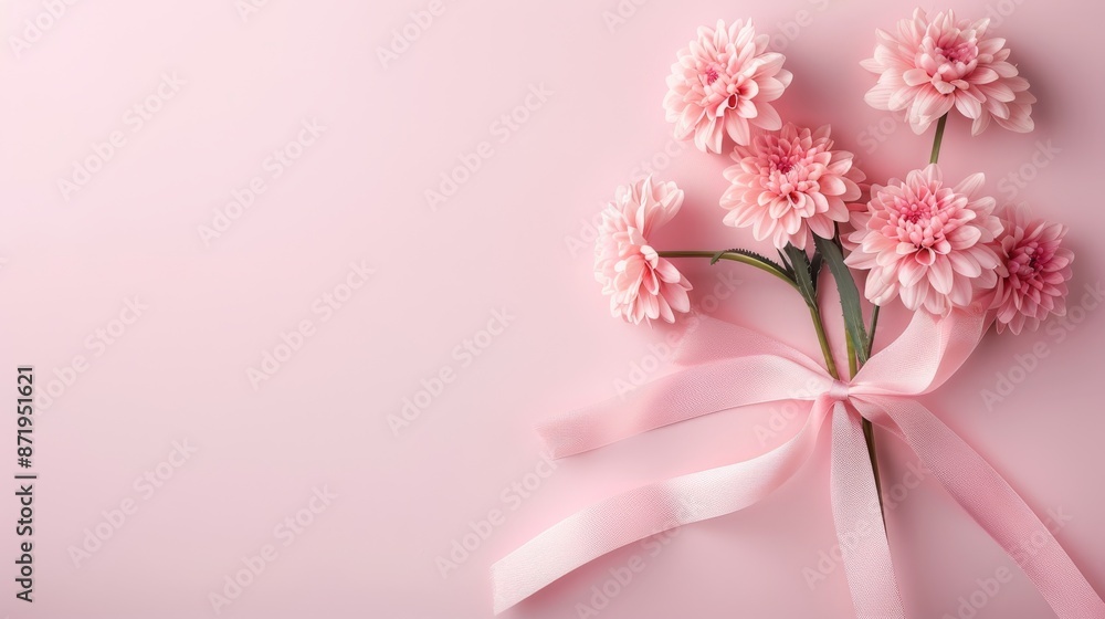 Elegant pink chrysanthemums with ribbon on a pastel pink background, perfect for floral designs, celebrations, and romantic occasions. Elegant pink chrysanthemums with ribbon on a pastel pink background, perfect for floral designs, celebrations, and romantic occasions.