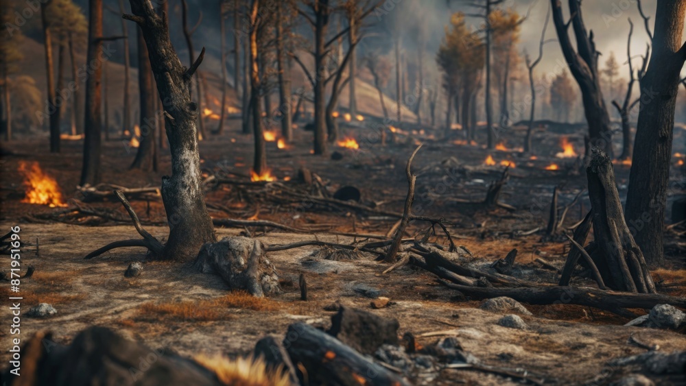 Burnt Landscape A landscape charred by a wildfire, with blackened trees and smoldering ground. Burnt Landscape A landscape charred by a wildfire, with blackened trees and smoldering ground.