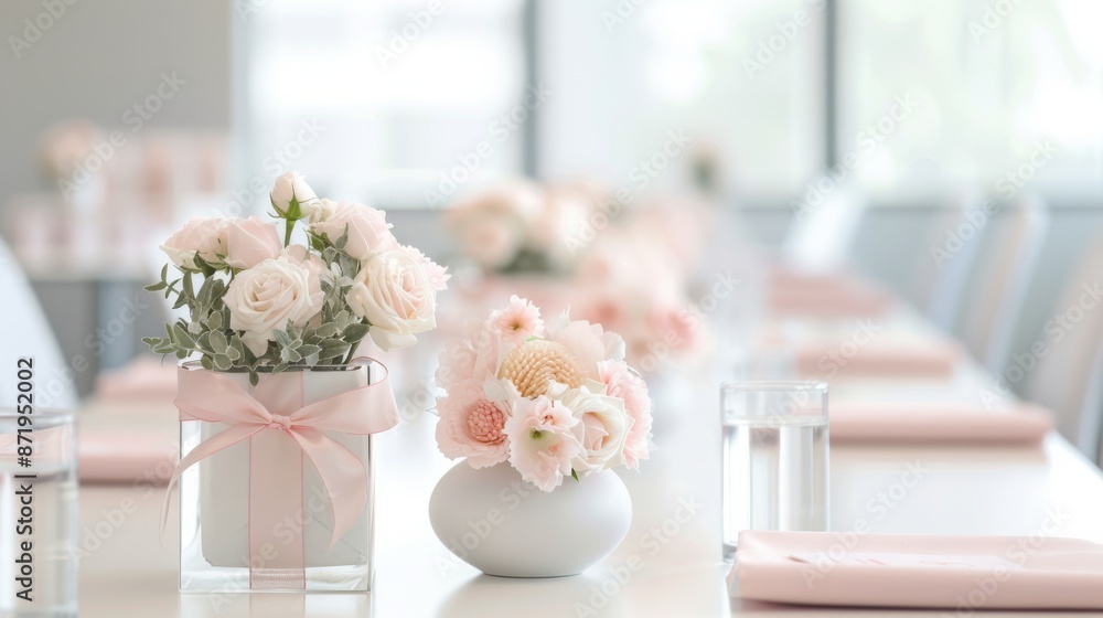 Elegant table setup with soft pink flowers in vases, perfect for weddings or special events, creating a charming and inviting atmosphere. Elegant table setup with soft pink flowers in vases, perfect for weddings or special events, creating a charming and inviting atmosphere.