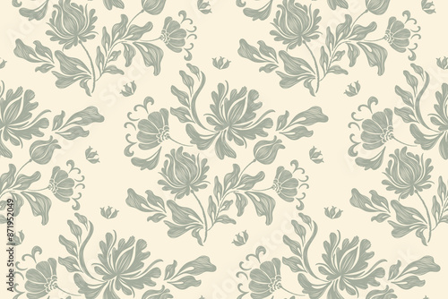 Ethnic Floral pattern vintage Chinese style seamless  embroidery Ikat texture design vector illustration hand drawn damask wallpaper border frame. 