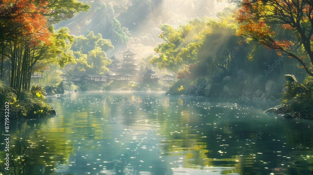 Fototapeta premium Beautiful river in a lush green forest with sunlight shining through the trees. The water is calm and clear, In the background there is an ancient village surrounded by bamboo forests.