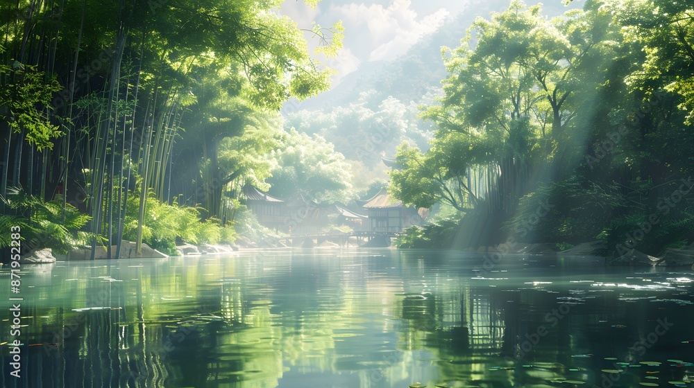 Beautiful river in a lush green forest with sunlight shining through the trees. The water is calm and clear, In the background there is an ancient village surrounded by bamboo forests. Beautiful river in a lush green forest with sunlight shining through the trees. The water is calm and clear, In the background there is an ancient village surrounded by bamboo forests.