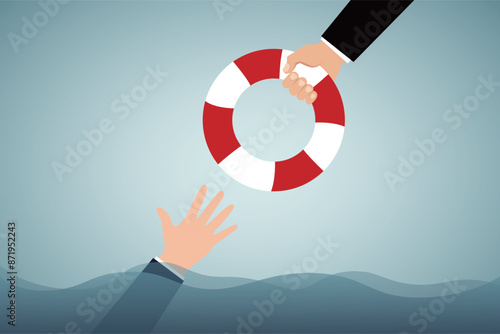 Helping Business to survive. Drowning businessman getting lifebuoy from another businessman. Business help, support, survival, investment concept. Vector colorful illustration in flat style