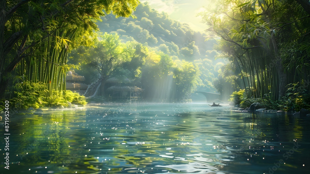 Beautiful river in a lush green forest with sunlight shining through the trees. The water is calm and clear, In the background there is an ancient village surrounded by bamboo forests. Beautiful river in a lush green forest with sunlight shining through the trees. The water is calm and clear, In the background there is an ancient village surrounded by bamboo forests.